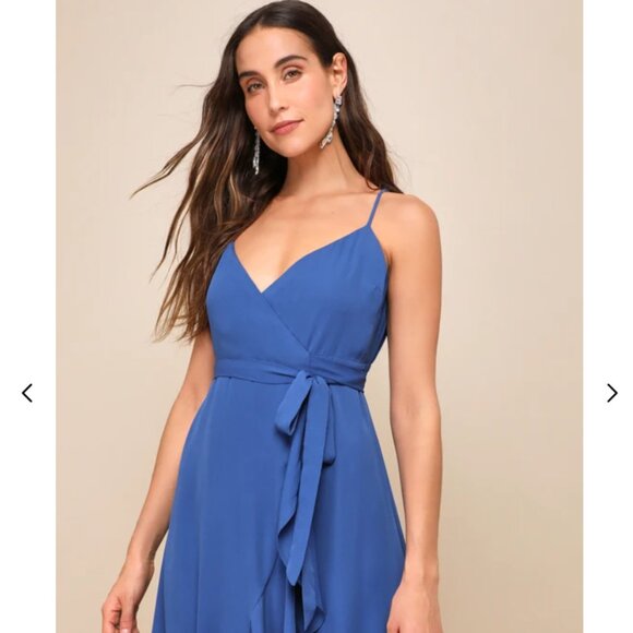 NWT Lulus Manhattan Moment Blue Ruffled Midi Wrap Dress - Picture 5 of 15